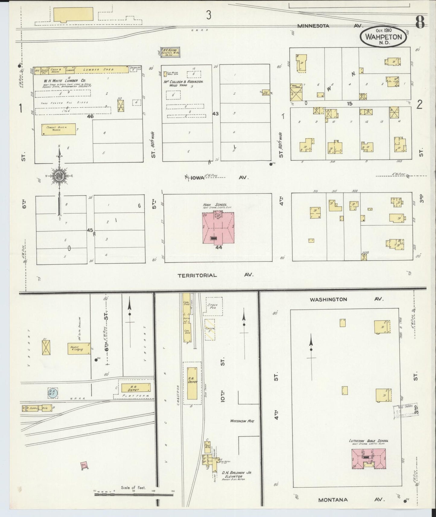 Sanborn Fire Insurance Map from Wahpeton, Richland County, North Dakota (1910), Sheet #0008 - Historic Sanborn Fire Insurance Map Print, vintage old map wall art, antique decor, genealogy gift, North Dakota North Dakota map
