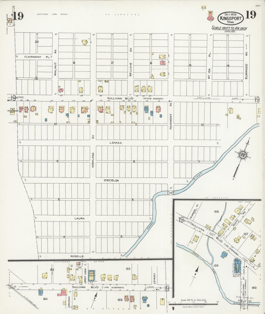 Sanborn Fire Insurance Map from Kingsport, Sullivan County, Tennessee (1925), Sheet #0019 - Historic Sanborn Fire Insurance Map Print, vintage old map wall art, antique decor, genealogy gift, Tennessee Tennessee map