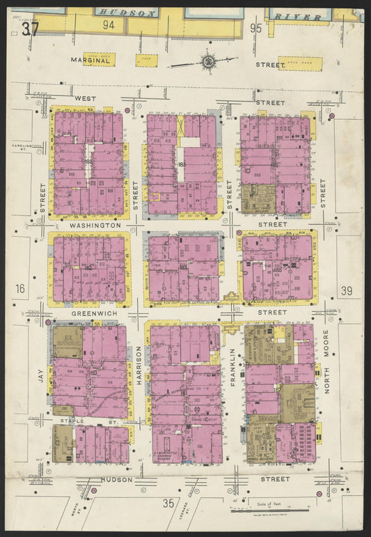 Sanborn Fire Insurance Map from New York, Bronx, Manhattan, New York (1923), Sheet #0037 - Historic Sanborn Fire Insurance Map Print, vintage old map wall art, antique decor, genealogy gift, New York New York map