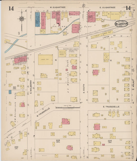 Sanborn Fire Insurance Map from Wilmington, Clinton County, Ohio (1922), Sheet #0014 - Historic Sanborn Fire Insurance Map Print, vintage old map wall art, antique decor, genealogy gift, Ohio Ohio map