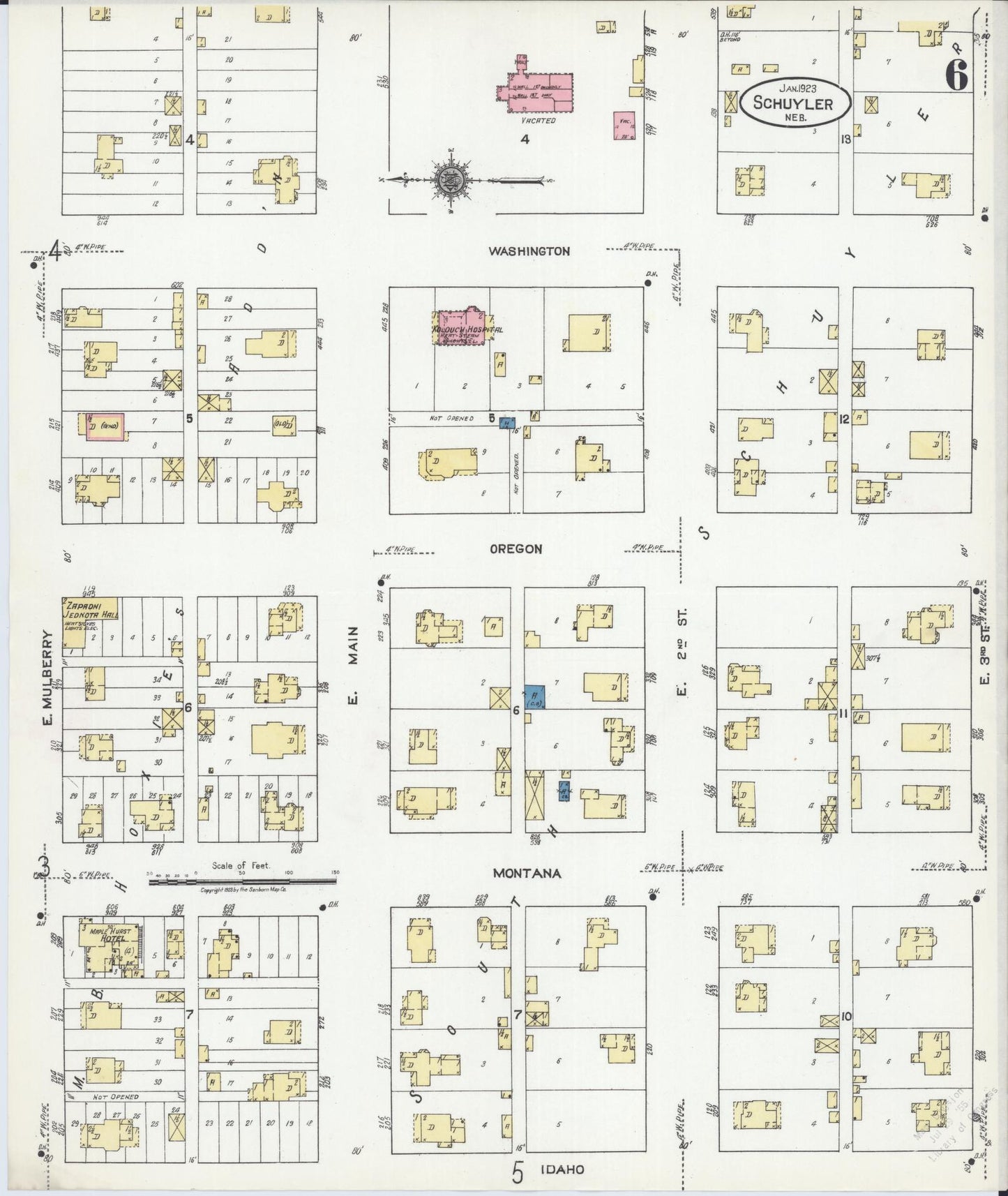 Sanborn Fire Insurance Map from Schuyler, Colfax County, Nebraska (1923), Sheet #0006 - Historic Sanborn Fire Insurance Map Print, vintage old map wall art, antique decor, genealogy gift, Nebraska Nebraska map