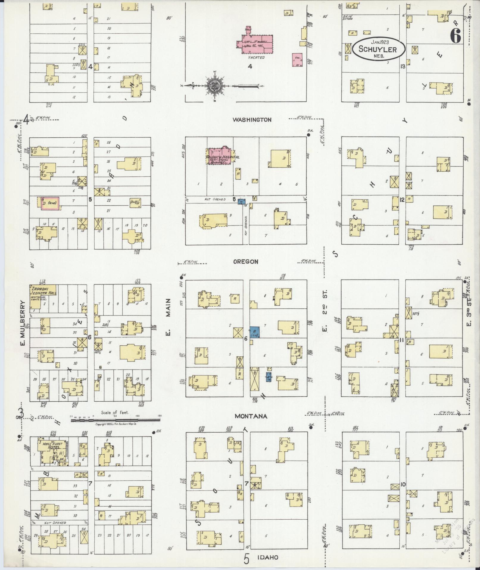 Sanborn Fire Insurance Map from Schuyler, Colfax County, Nebraska (1923), Sheet #0006 - Historic Sanborn Fire Insurance Map Print, vintage old map wall art, antique decor, genealogy gift, Nebraska Nebraska map