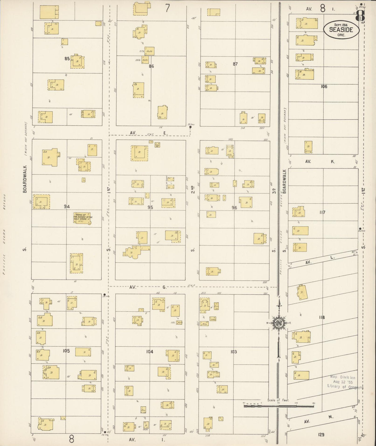 Sanborn Fire Insurance Map from Seaside, Clatsop County, Oregon (1914), Sheet #0008 - Historic Sanborn Fire Insurance Map Print, vintage old map wall art, antique decor, genealogy gift, Oregon Oregon map