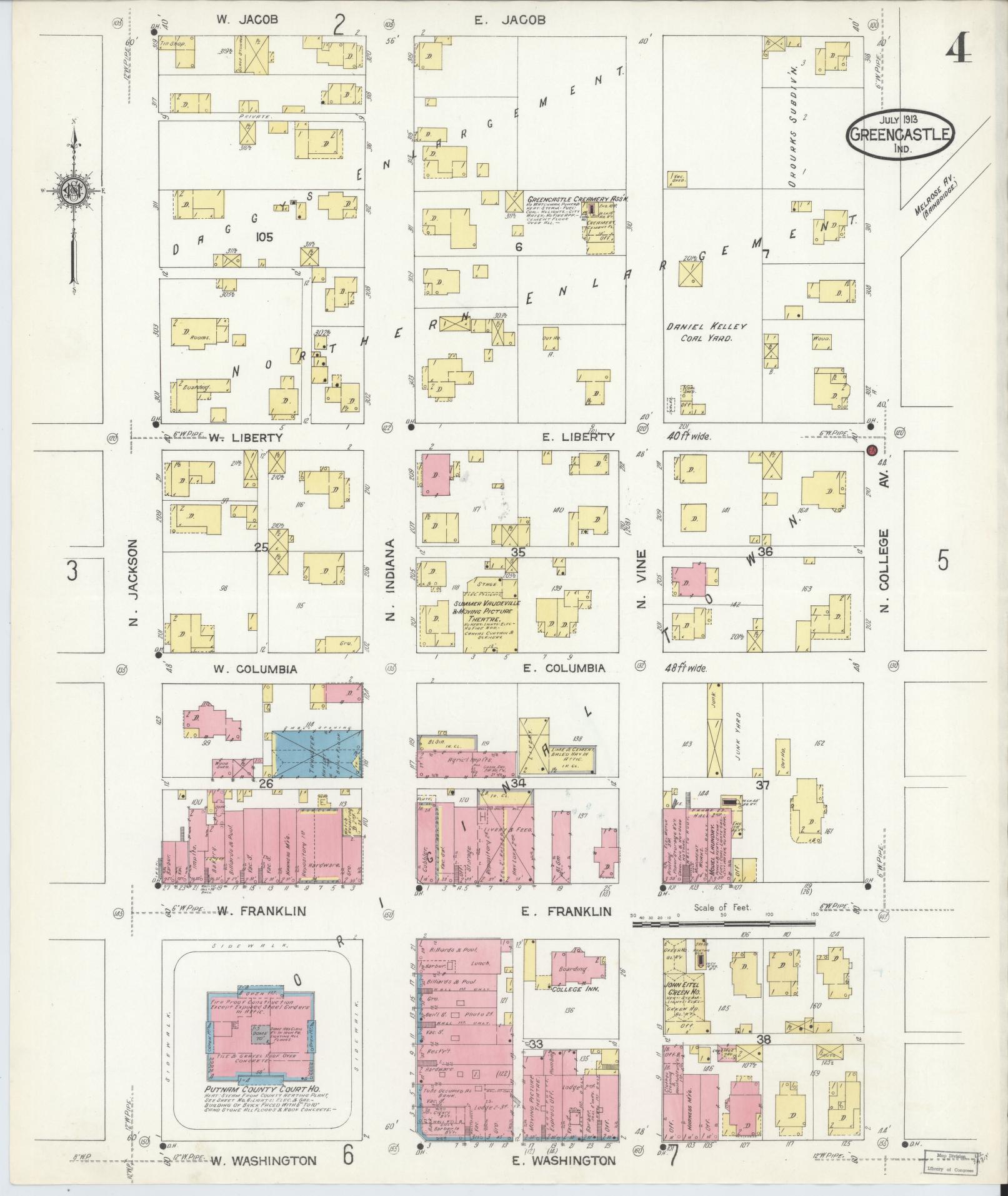 Sanborn Fire Insurance Map from Greencastle, Putnam County, Indiana (1913), Sheet #0004 - Complete Map Set gallery image, historic Sanborn map, vintage wall art, Indiana Indiana