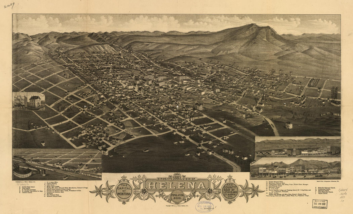 1883 bird's eye view of Helena, Montana. The capitol of Montana and county seat of Lewis and Clarke Co. (1883) – Historic Bird’s-Eye View Panorama Print