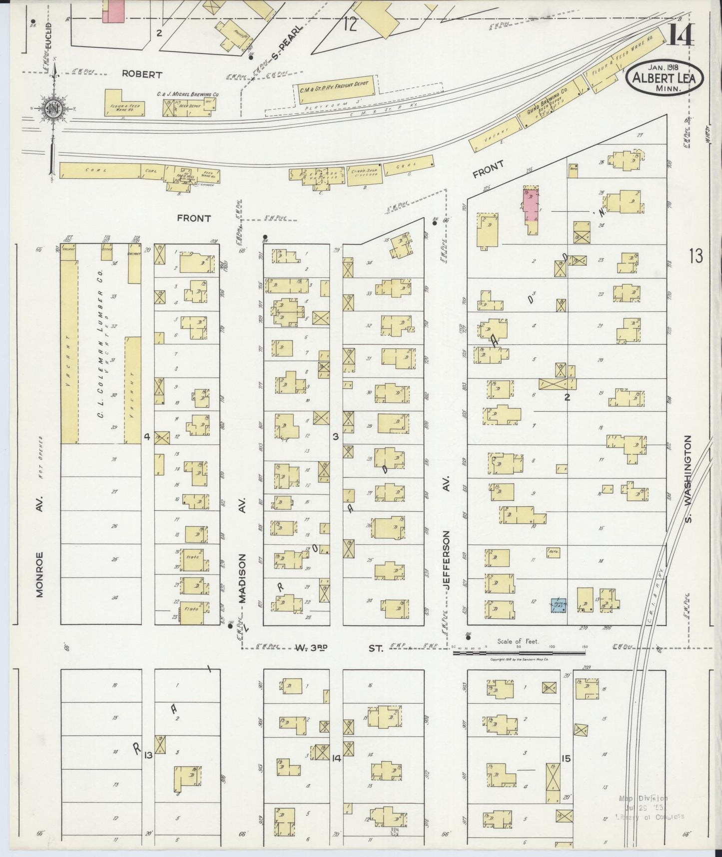 Sanborn Fire Insurance Map from Albert Lea, Freeborn County, Minnesota (1918), Sheet #0014 - Historic Sanborn Fire Insurance Map Print, vintage old map wall art, antique decor, genealogy gift, Minnesota Minnesota map