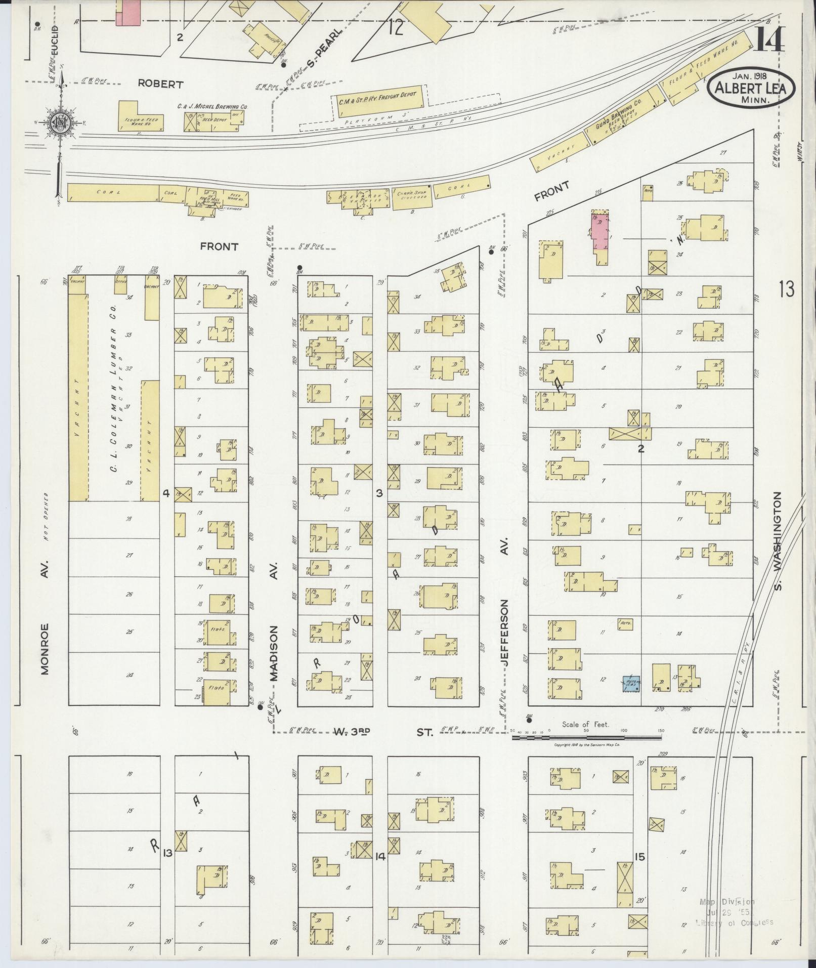 Sanborn Fire Insurance Map from Albert Lea, Freeborn County, Minnesota (1918), Sheet #0014 - Historic Sanborn Fire Insurance Map Print, vintage old map wall art, antique decor, genealogy gift, Minnesota Minnesota map