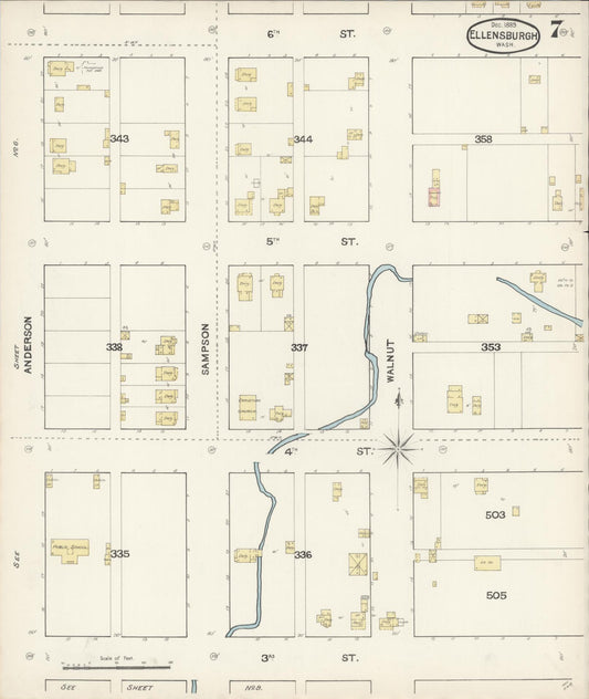Sanborn Fire Insurance Map from Ellensburg, Kittitas County, Washington (1889), Sheet #0007 - Historic Sanborn Fire Insurance Map Print, vintage old map wall art, antique decor, genealogy gift, Washington Washington map