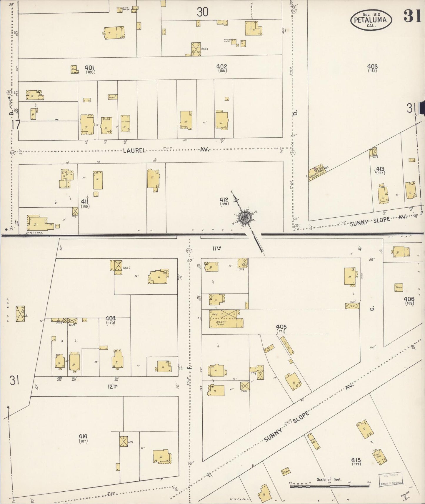 Sanborn Fire Insurance Map from Petaluma, Sonoma County, California (1910), Sheet #0031 - Complete Map Set gallery image, historic Sanborn map, vintage wall art, California California