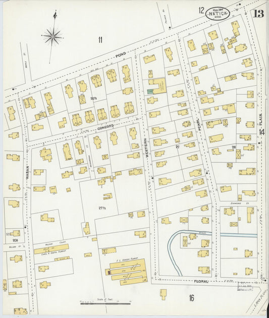 Sanborn Fire Insurance Map from Natick, Middlesex County, Massachusetts (1904), Sheet #0013 - Historic Sanborn Fire Insurance Map Print, vintage old map wall art, antique decor, genealogy gift, Massachusetts Massachusetts map