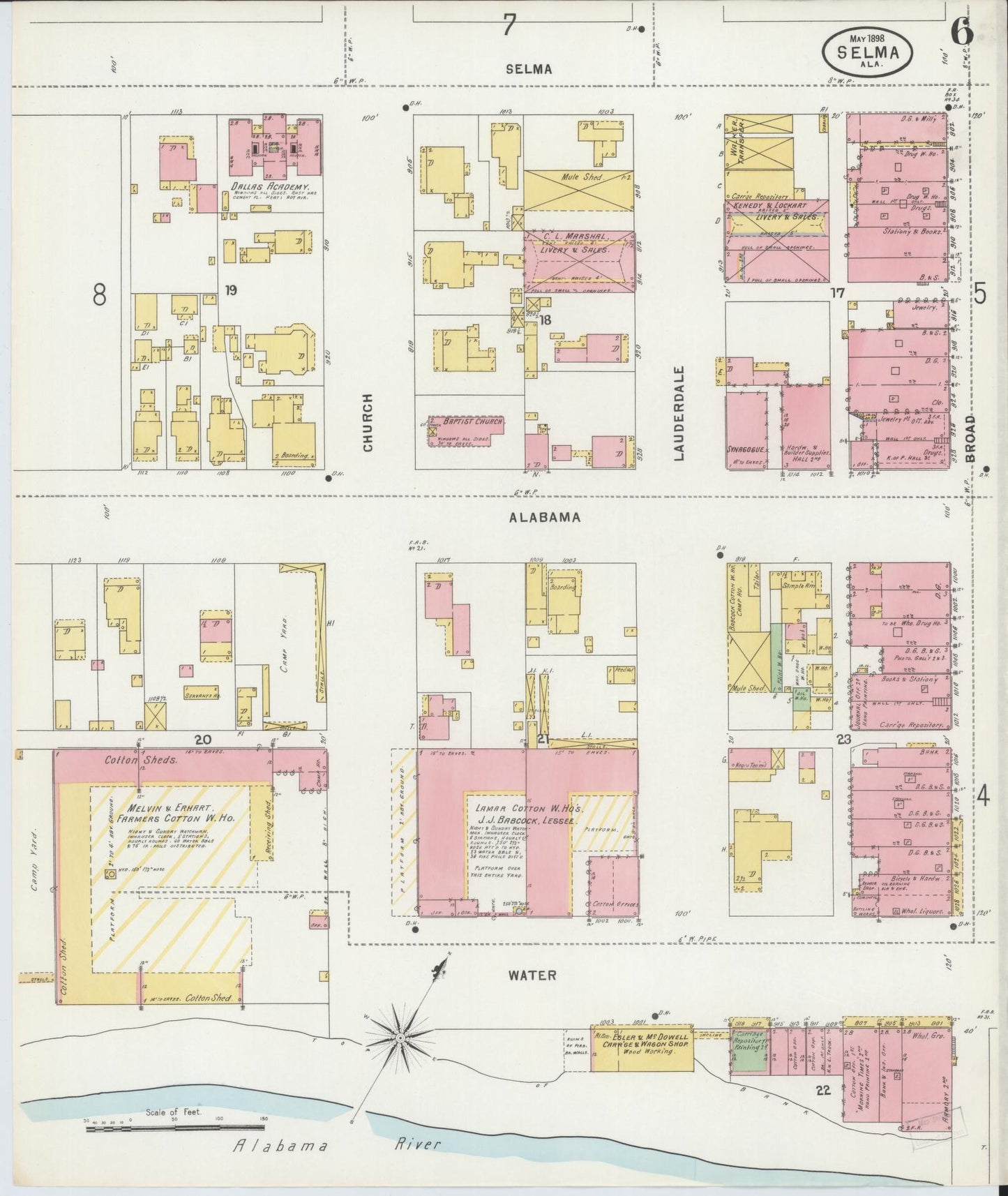 Sanborn Fire Insurance Map from Selma, Dallas County, Alabama (1898), Sheet #0006 - Complete Map Set gallery image, historic Sanborn map, vintage wall art, Alabama Alabama