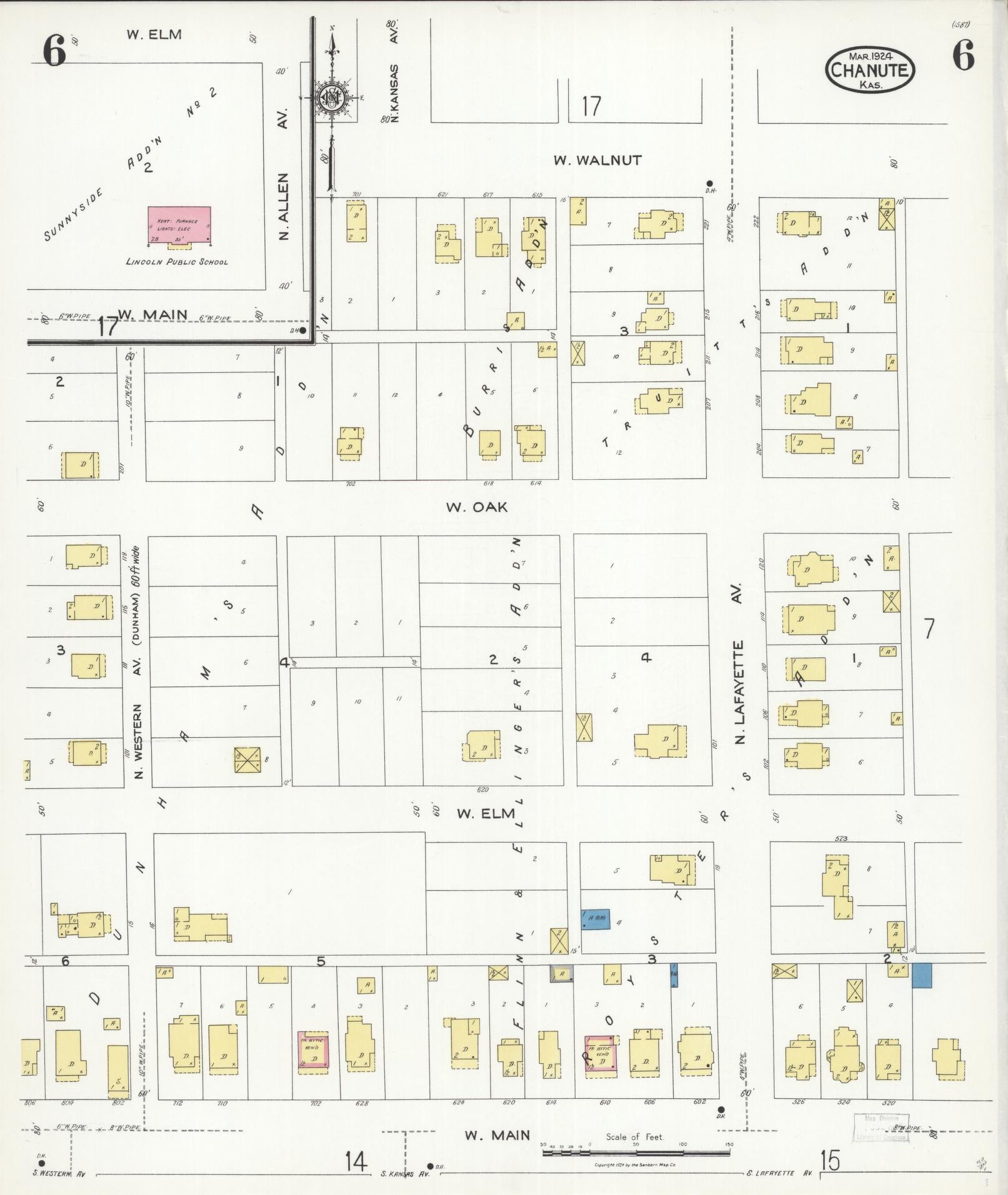 Sanborn Fire Insurance Map from Chanute, Neosho County, Kansas (1924), Sheet #0006 - Historic Sanborn Fire Insurance Map Print, vintage old map wall art, antique decor, genealogy gift, Kansas Kansas map
