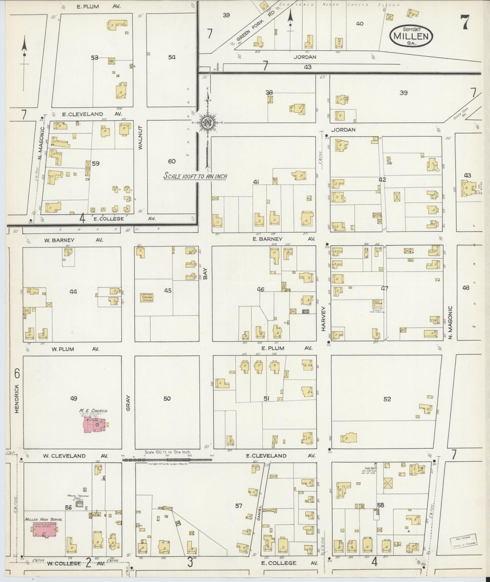 Sanborn Fire Insurance Map from Millen, Jenkins County, Georgia (1917), Sheet #0007 - Historic Sanborn Fire Insurance Map Print, vintage old map wall art, antique decor, genealogy gift, Georgia Georgia map
