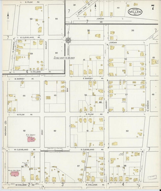 Sanborn Fire Insurance Map from Millen, Jenkins County, Georgia (1917), Sheet #0007 - Historic Sanborn Fire Insurance Map Print, vintage old map wall art, antique decor, genealogy gift, Georgia Georgia map