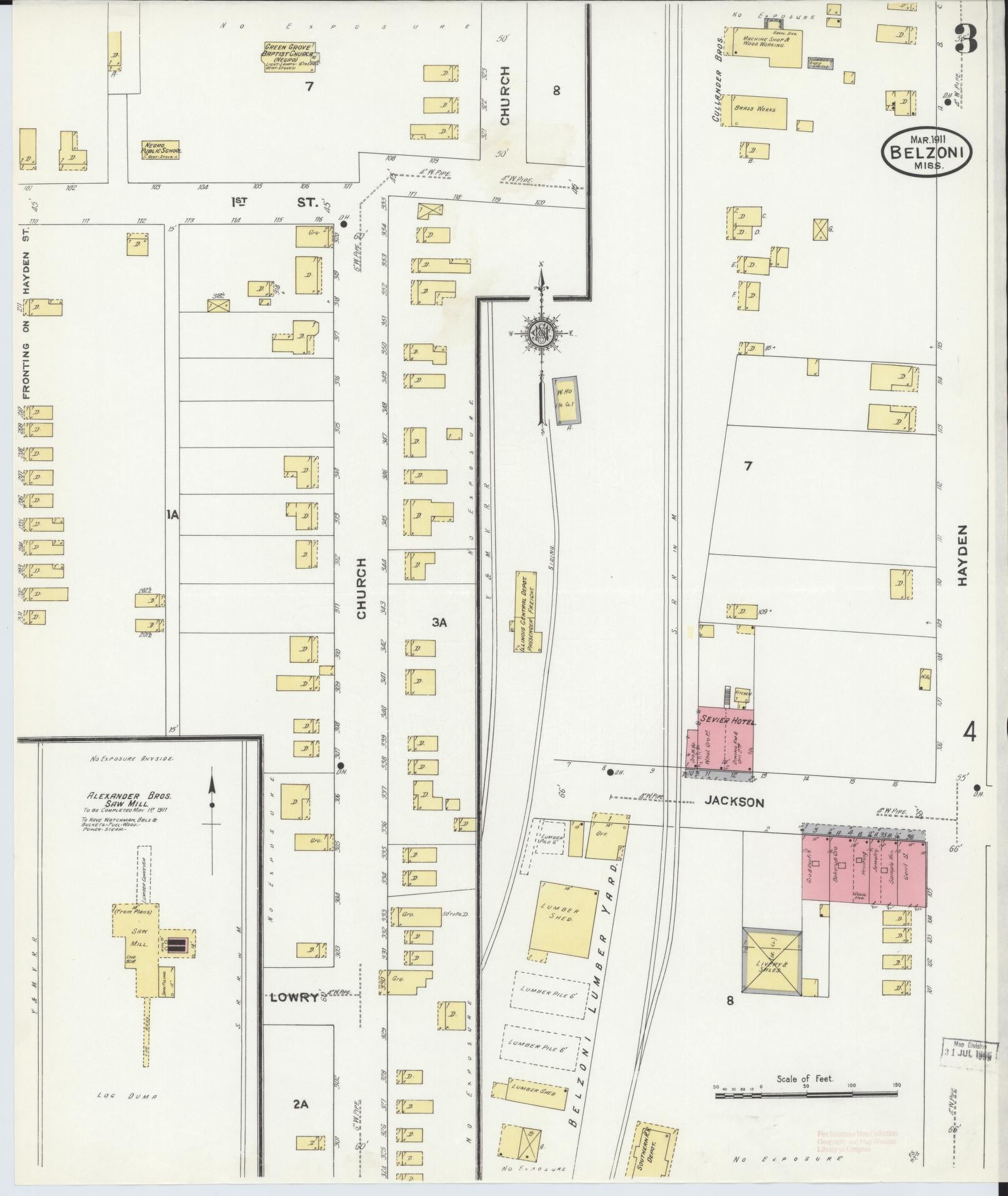 Sanborn Fire Insurance Map from Belzoni, Washington County, Mississippi (1911), Sheet #0003 - Complete Map Set gallery image, historic Sanborn map, vintage wall art, Mississippi Mississippi