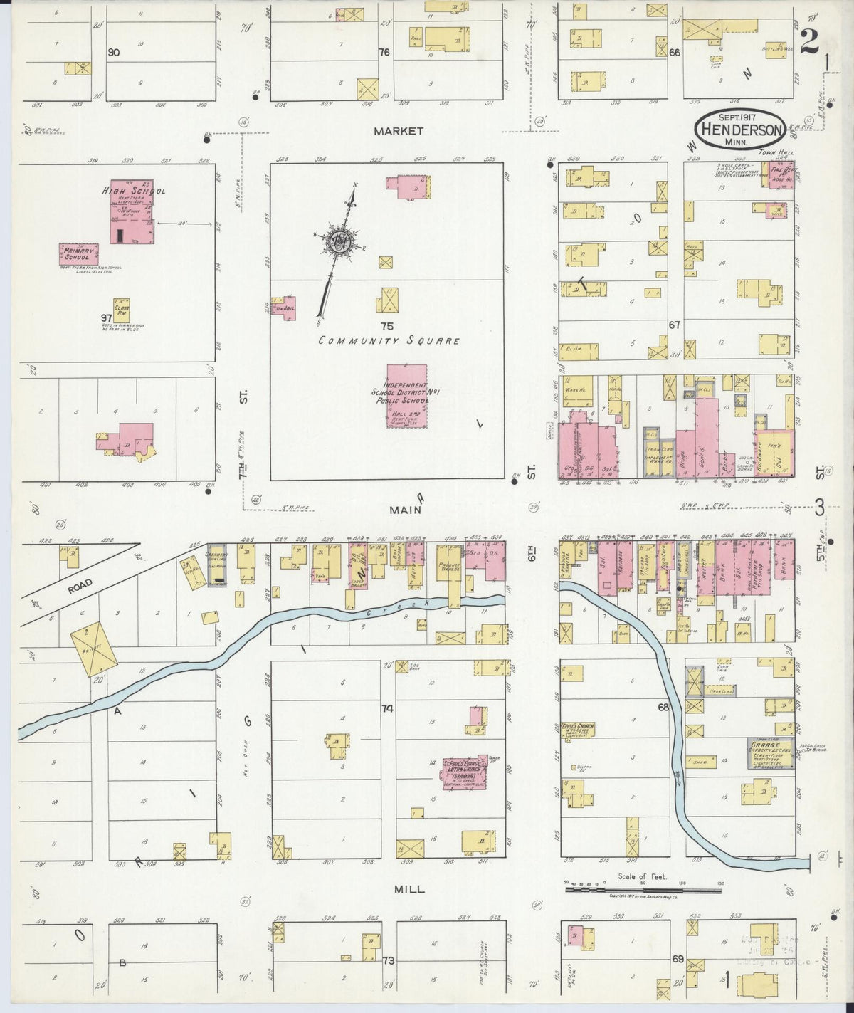 Sanborn Fire Insurance Map from Henderson, Sibley County, Minnesota (1917), Sheet #0002 - Historic Sanborn Fire Insurance Map Print, vintage old map wall art, antique decor, genealogy gift, Minnesota Minnesota map
