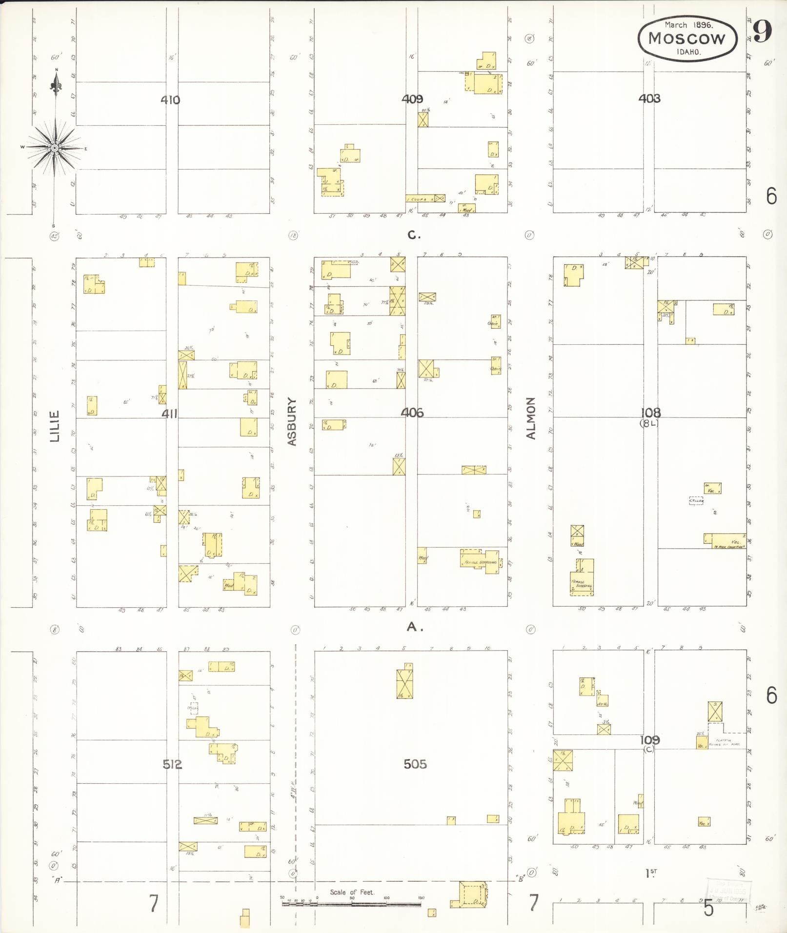 Sanborn Fire Insurance Map from Moscow, Latah County, Idaho (1896), Sheet #0009 - Historic Sanborn Fire Insurance Map Print, vintage old map wall art, antique decor, genealogy gift, Idaho Idaho map