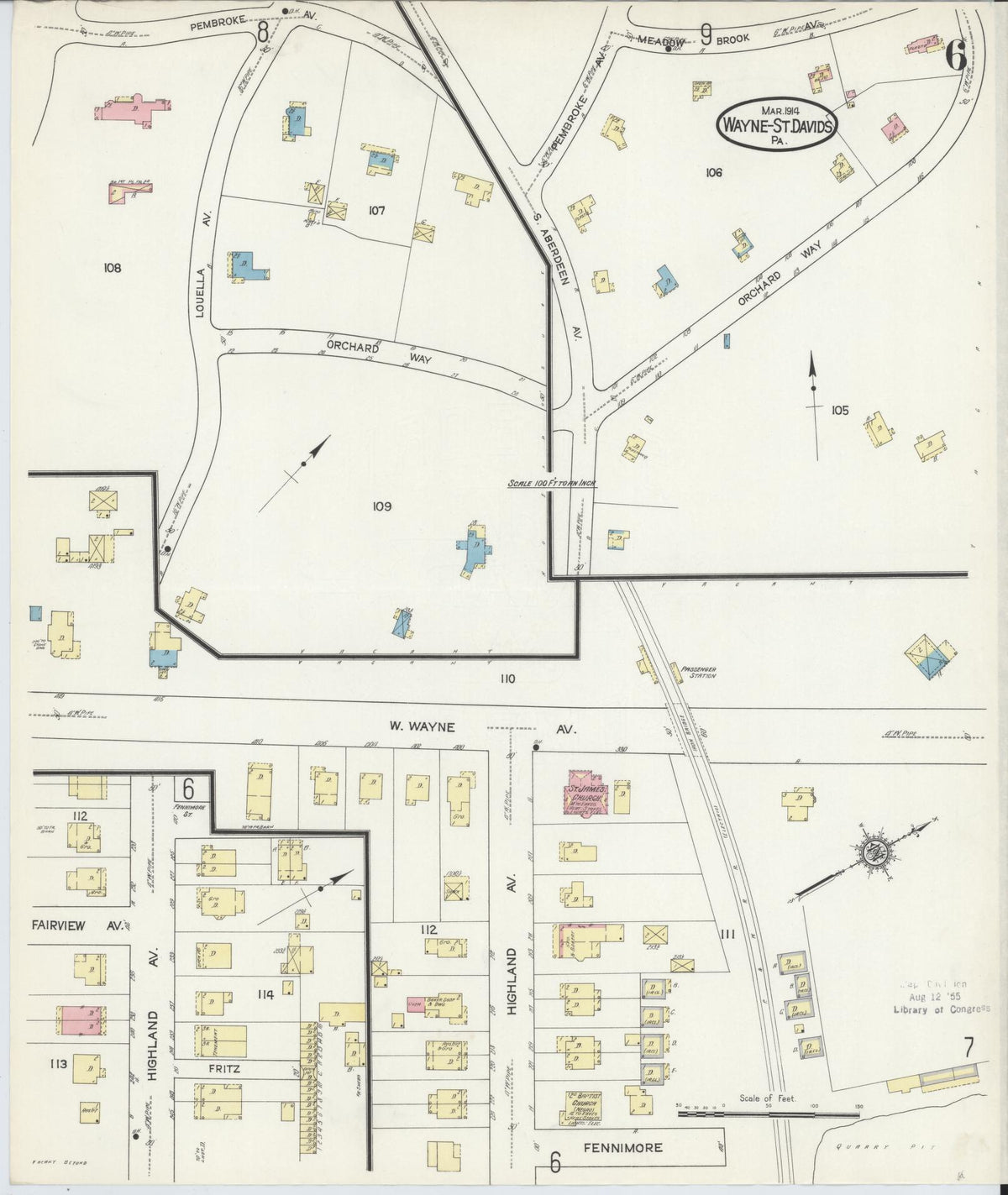 Sanborn Fire Insurance Map from Wayne, Delaware County, Pennsylvania (1914), Sheet #0006 - Historic Sanborn Fire Insurance Map Print, vintage old map wall art, antique decor, genealogy gift, Wayne Delaware map