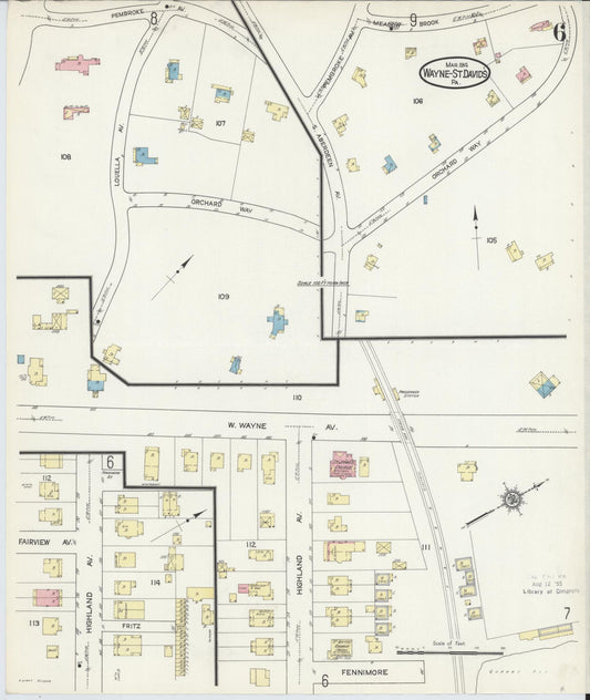 Sanborn Fire Insurance Map from Wayne, Delaware County, Pennsylvania (1914), Sheet #0006 - Historic Sanborn Fire Insurance Map Print, vintage old map wall art, antique decor, genealogy gift, Wayne Delaware map