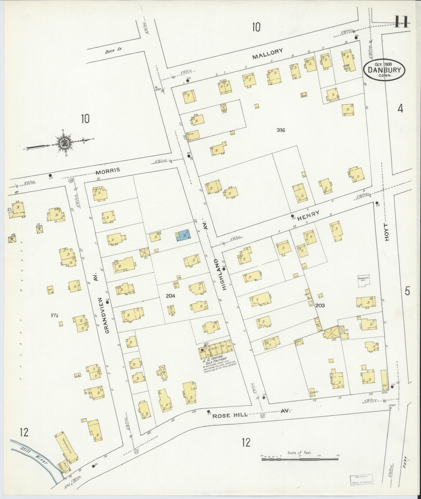 Sanborn Fire Insurance Map from Danbury, Fairfield County, Connecticut (1909), Sheet #0011 - Complete Map Set gallery image, historic Sanborn map, vintage wall art, Connecticut Connecticut