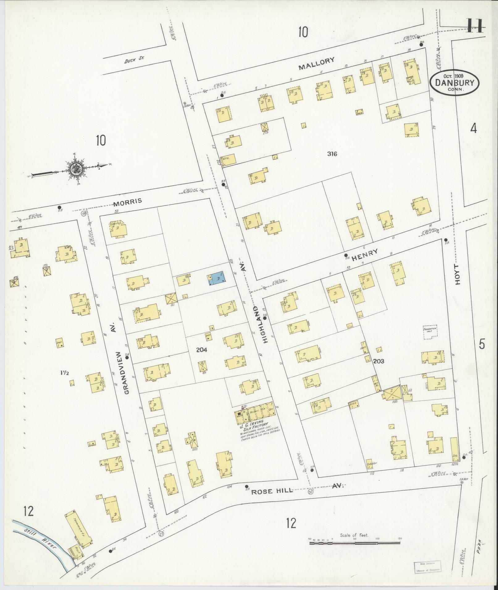 Sanborn Fire Insurance Map from Danbury, Fairfield County, Connecticut (1909), Sheet #0011 - Complete Map Set gallery image, historic Sanborn map, vintage wall art, Connecticut Connecticut