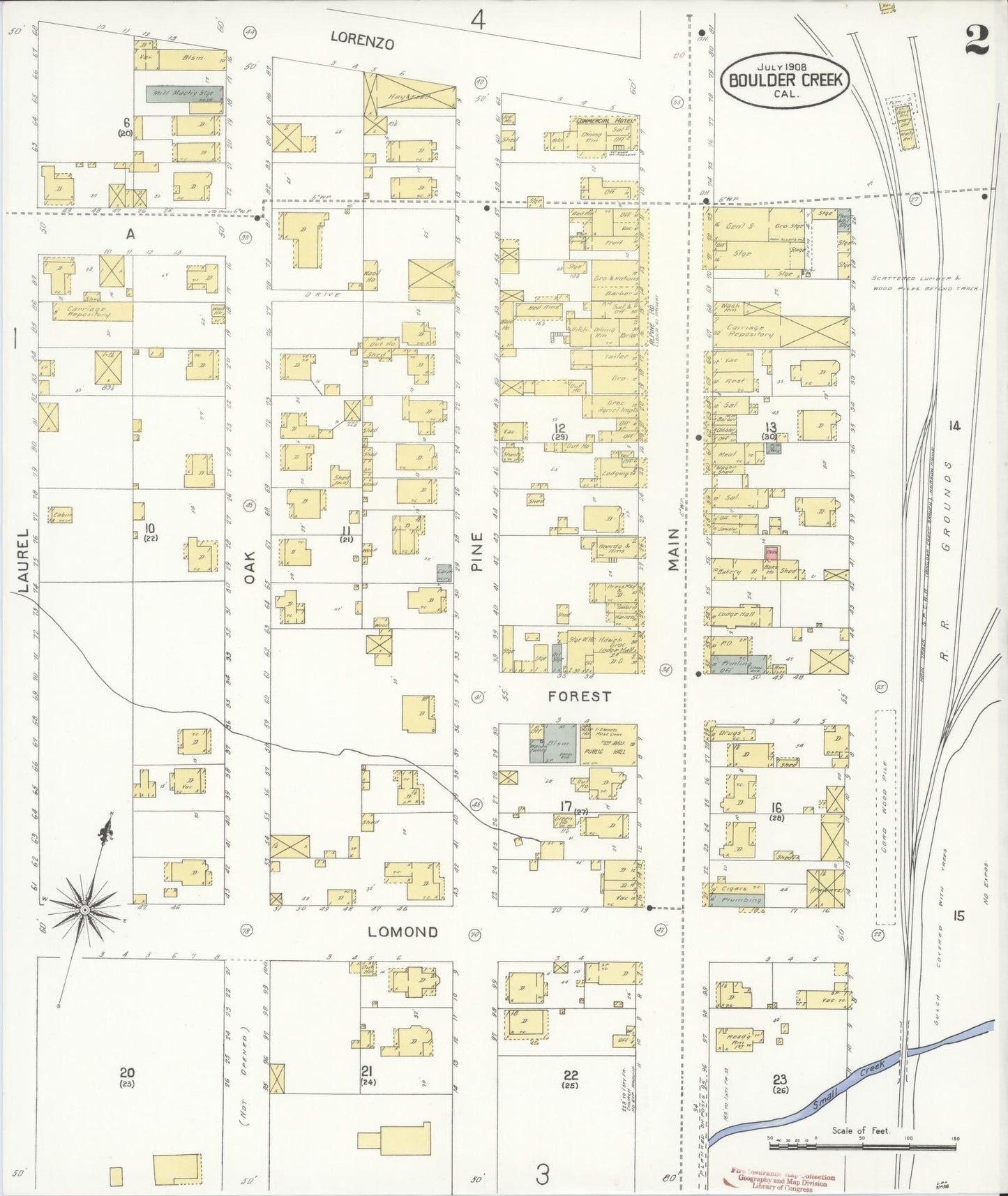 Sanborn Fire Insurance Map from Boulder Creek, Santa Cruz County, California (1908), Sheet #0002 - Historic Sanborn Fire Insurance Map Print, vintage old map wall art, antique decor, genealogy gift, California California map