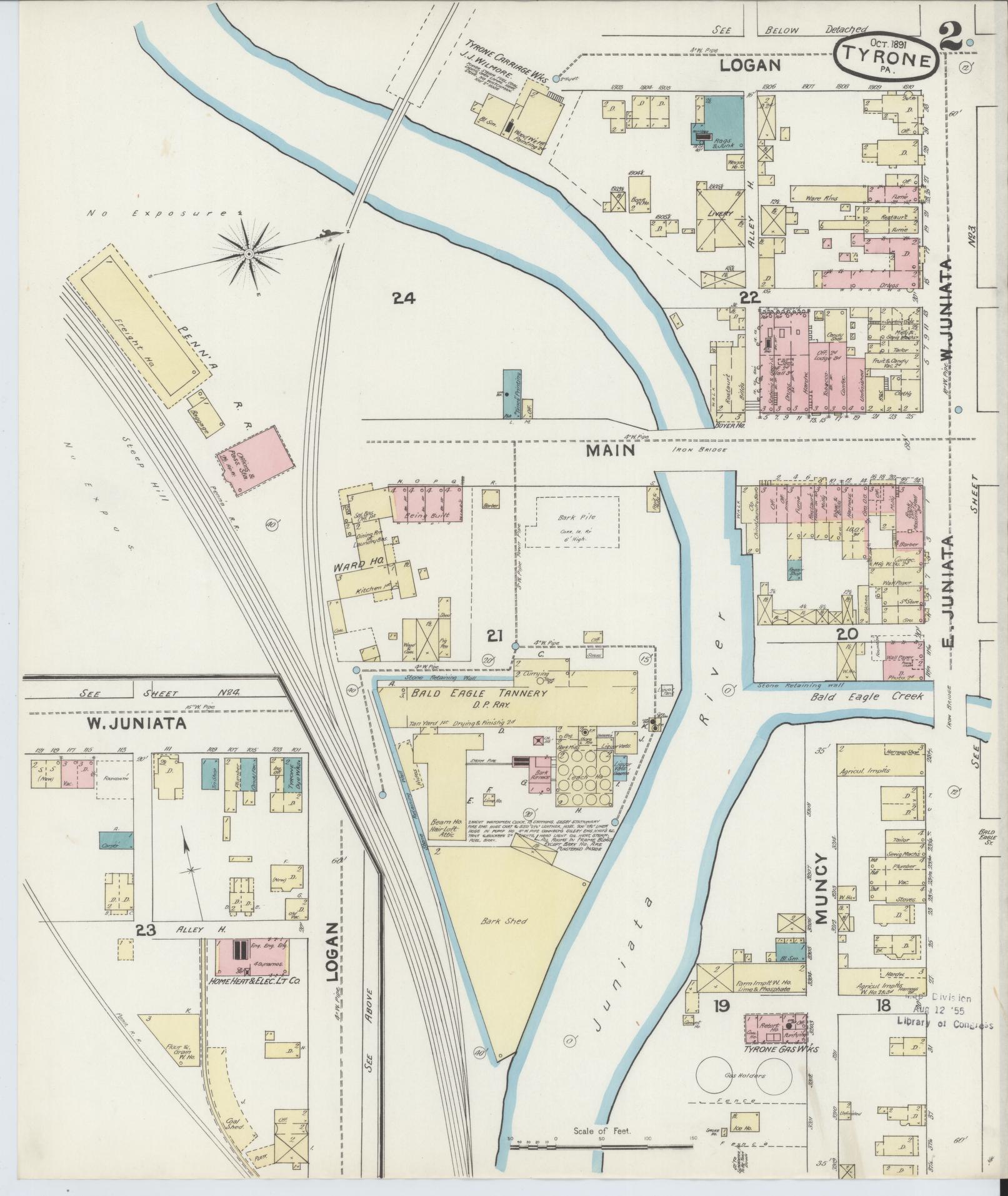 Sanborn Fire Insurance Map from Tyrone, Blair County, Pennsylvania (1891), Sheet #0002 - Complete Map Set gallery image, historic Sanborn map, vintage wall art, Pennsylvania Pennsylvania