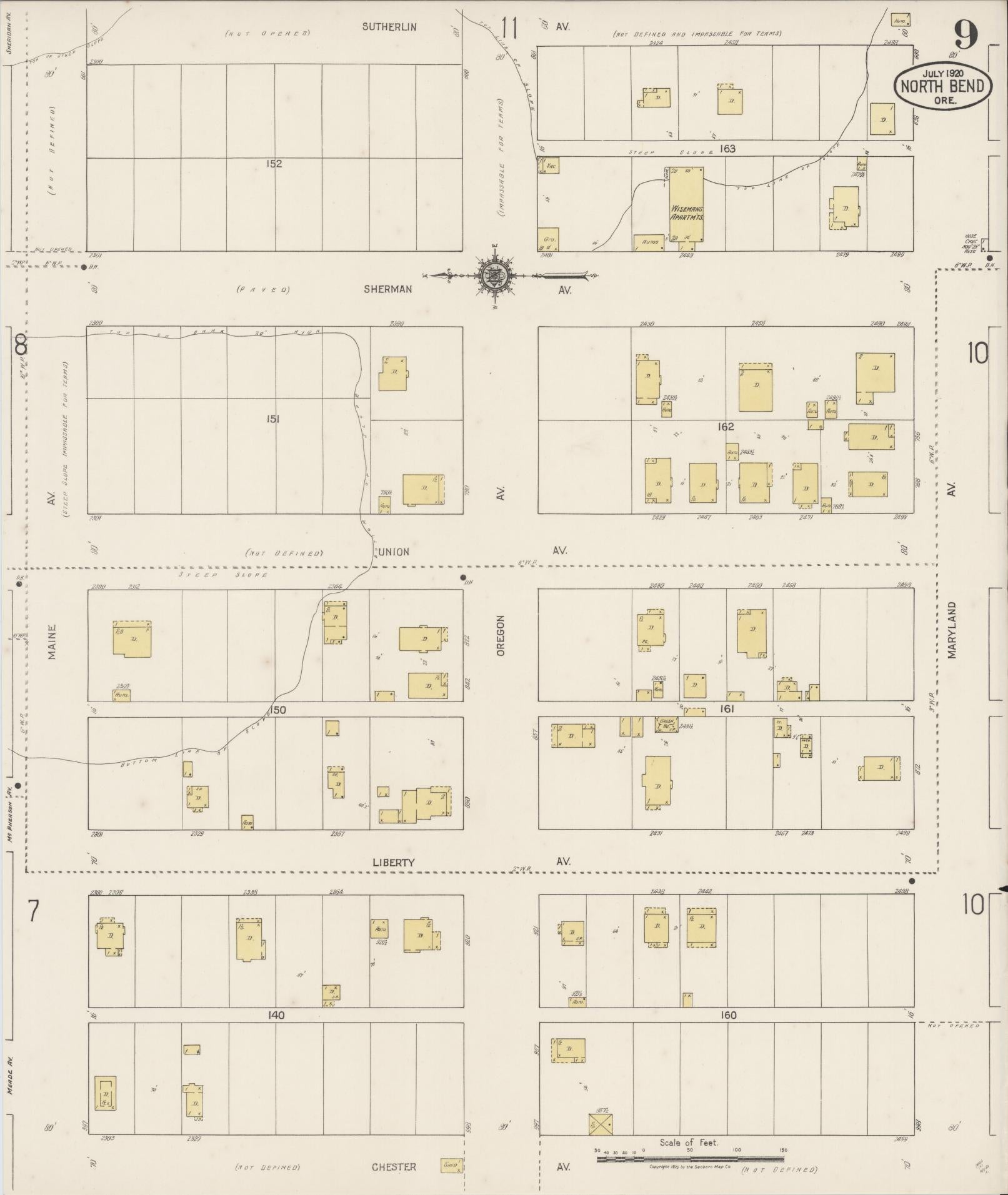 Sanborn Fire Insurance Map from North Bend, Coos County, Oregon (1920), Sheet #0009 - Historic Sanborn Fire Insurance Map Print, vintage old map wall art, antique decor, genealogy gift, Oregon Oregon map