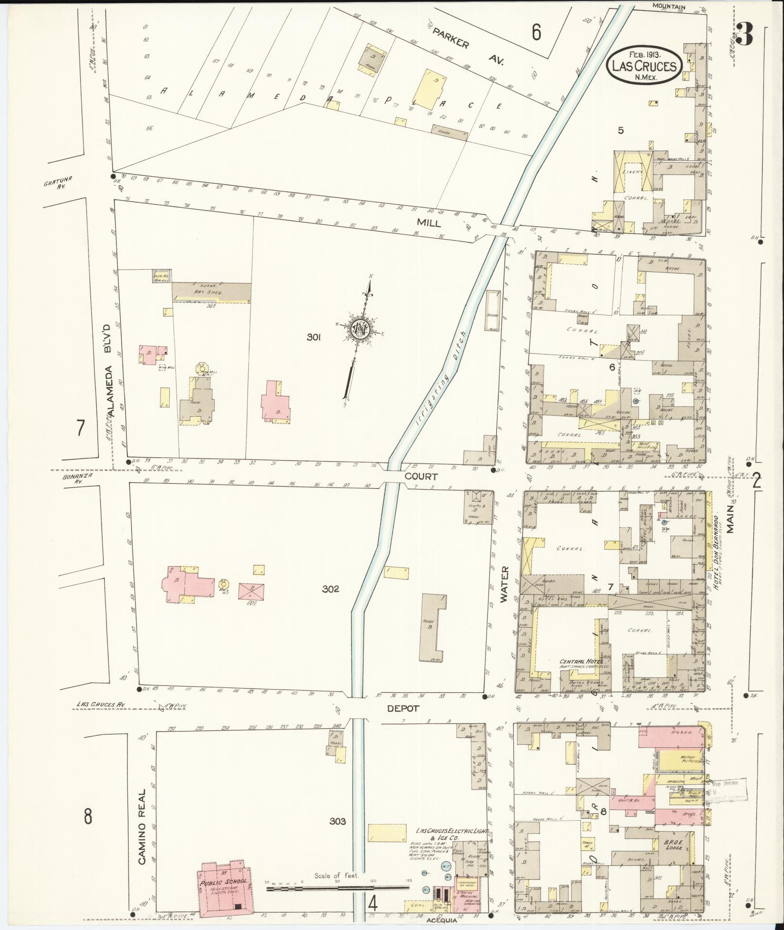 Sanborn Fire Insurance Map from Las Cruces, Dona Ana County, New Mexico (1913), Sheet #0003 - Historic Sanborn Fire Insurance Map Print, vintage old map wall art, antique decor, genealogy gift, New Mexico New Mexico map