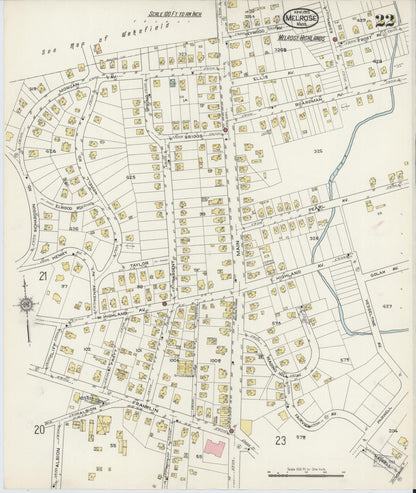 Sanborn Fire Insurance Map from Melrose, Middlesex County, Massachusetts (1915), Sheet #0022 - Historic Sanborn Fire Insurance Map Print, vintage old map wall art, antique decor, genealogy gift, Massachusetts Massachusetts map