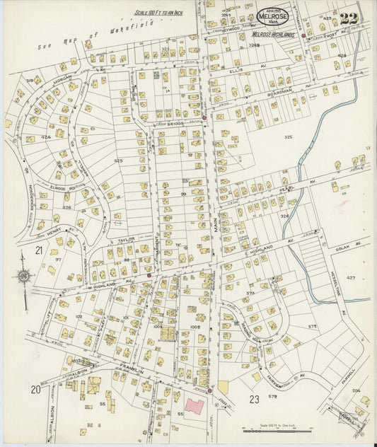 Sanborn Fire Insurance Map from Melrose, Middlesex County, Massachusetts (1915), Sheet #0022 - Historic Sanborn Fire Insurance Map Print, vintage old map wall art, antique decor, genealogy gift, Massachusetts Massachusetts map