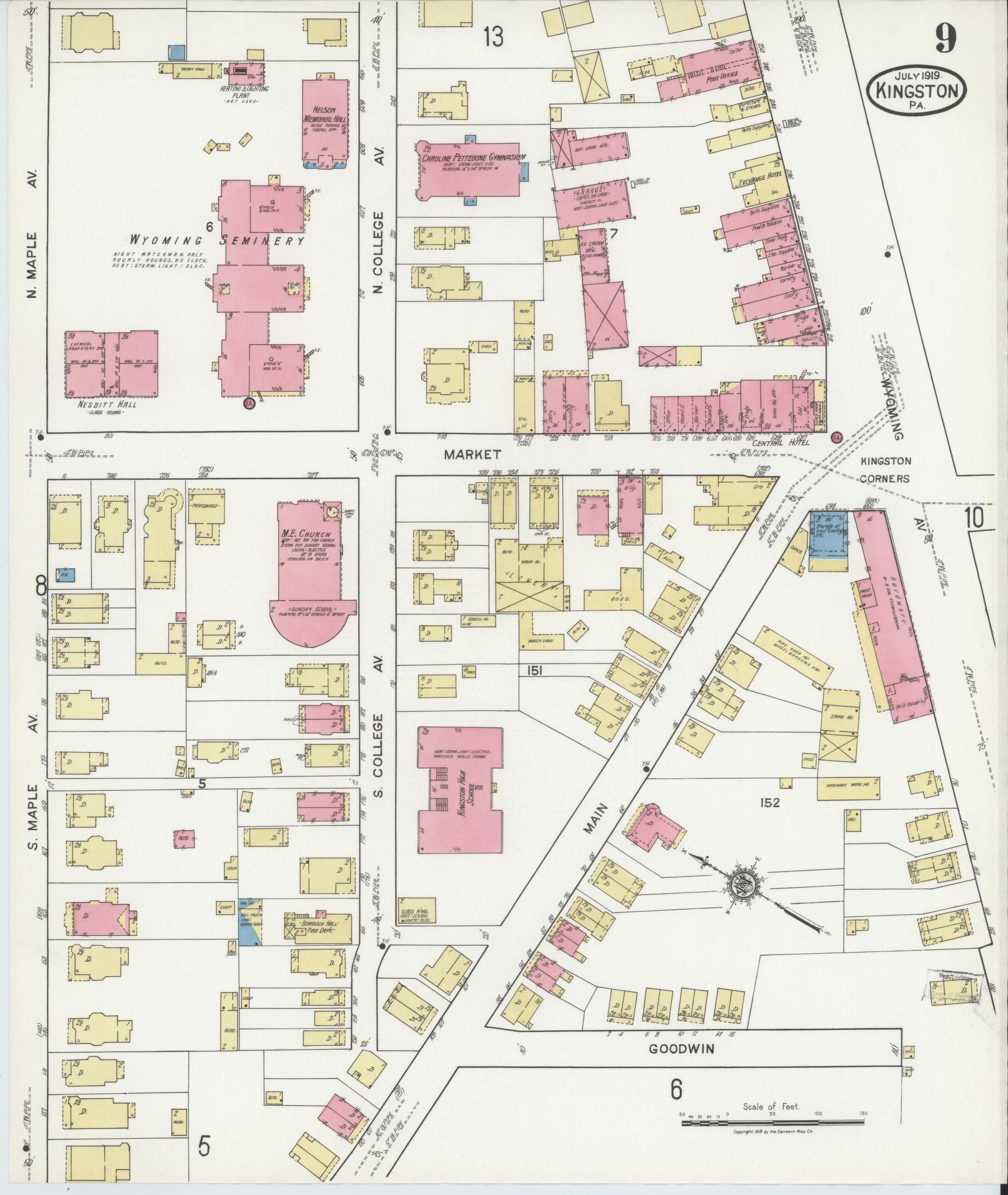 Sanborn Fire Insurance Map from Kingston, Luzerne County, Pennsylvania (1919), Sheet #0009 - Historic Sanborn Fire Insurance Map Print, vintage old map wall art, antique decor, genealogy gift, Pennsylvania Pennsylvania map