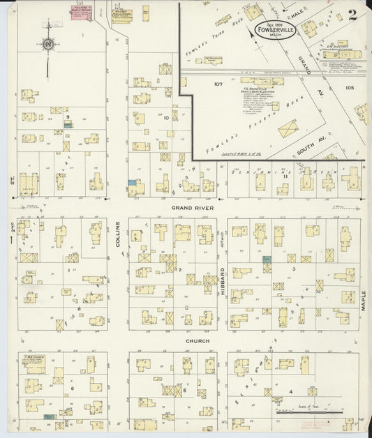 Sanborn Fire Insurance Map from Fowlerville, Livingston County, Michigan (1909), Sheet #0002 - Historic Sanborn Fire Insurance Map Print, vintage old map wall art, antique decor, genealogy gift, Michigan Michigan map