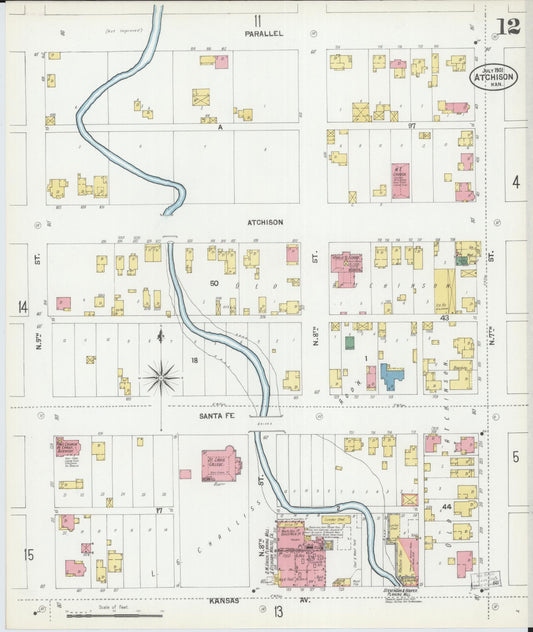 Sanborn Fire Insurance Map from Atchison, Atchison County, Kansas (1901), Sheet #0012 - Historic Sanborn Fire Insurance Map Print, vintage old map wall art, antique decor, genealogy gift, Kansas Kansas map