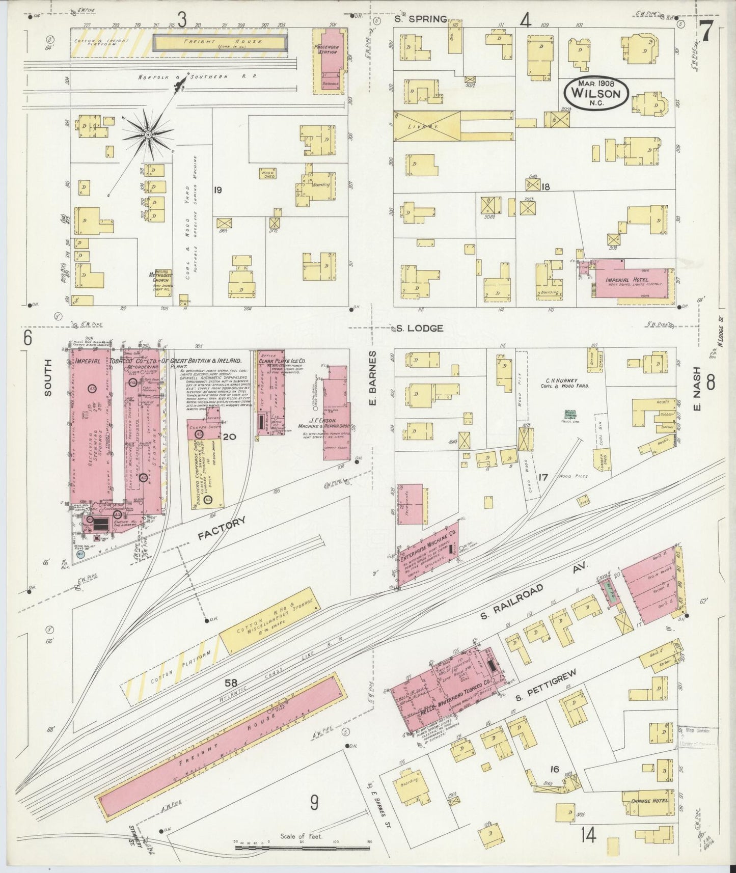 Sanborn Fire Insurance Map from Wilson, Wilson County, North Carolina (1908), Sheet #0007 - Historic Sanborn Fire Insurance Map Print, vintage old map wall art, antique decor, genealogy gift, North Carolina North Carolina map