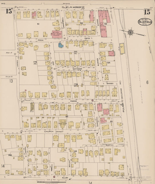 Sanborn Fire Insurance Map from Bluefield, Mercer County, West Virginia (1922), Sheet #0015 - Historic Sanborn Fire Insurance Map Print, vintage old map wall art, antique decor, genealogy gift, West Virginia West Virginia map