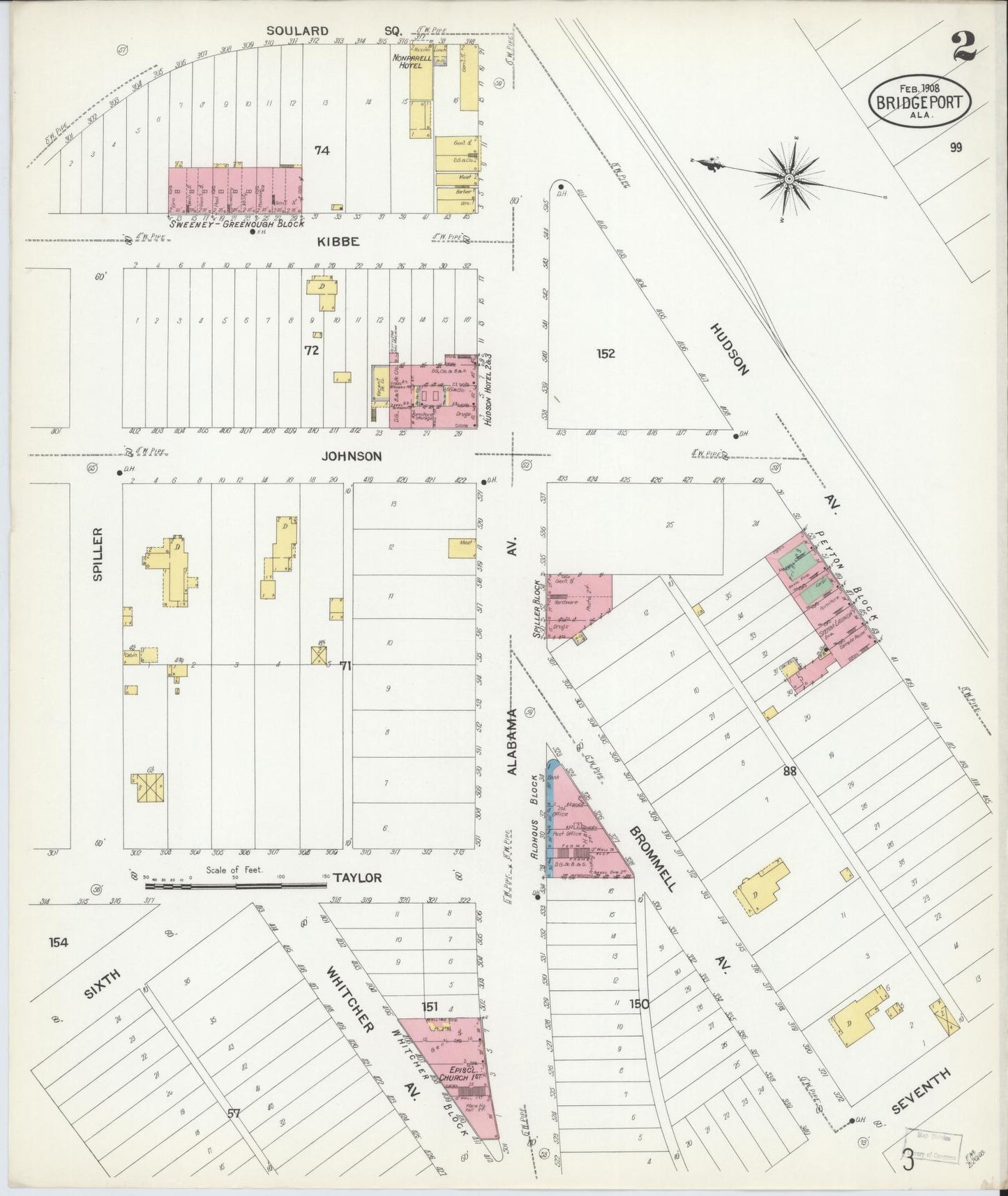 Sanborn Fire Insurance Map from Bridgeport, Jackson County, Alabama (1908), Sheet #0002 - Historic Sanborn Fire Insurance Map Print, vintage old map wall art, antique decor, genealogy gift, Alabama Alabama map