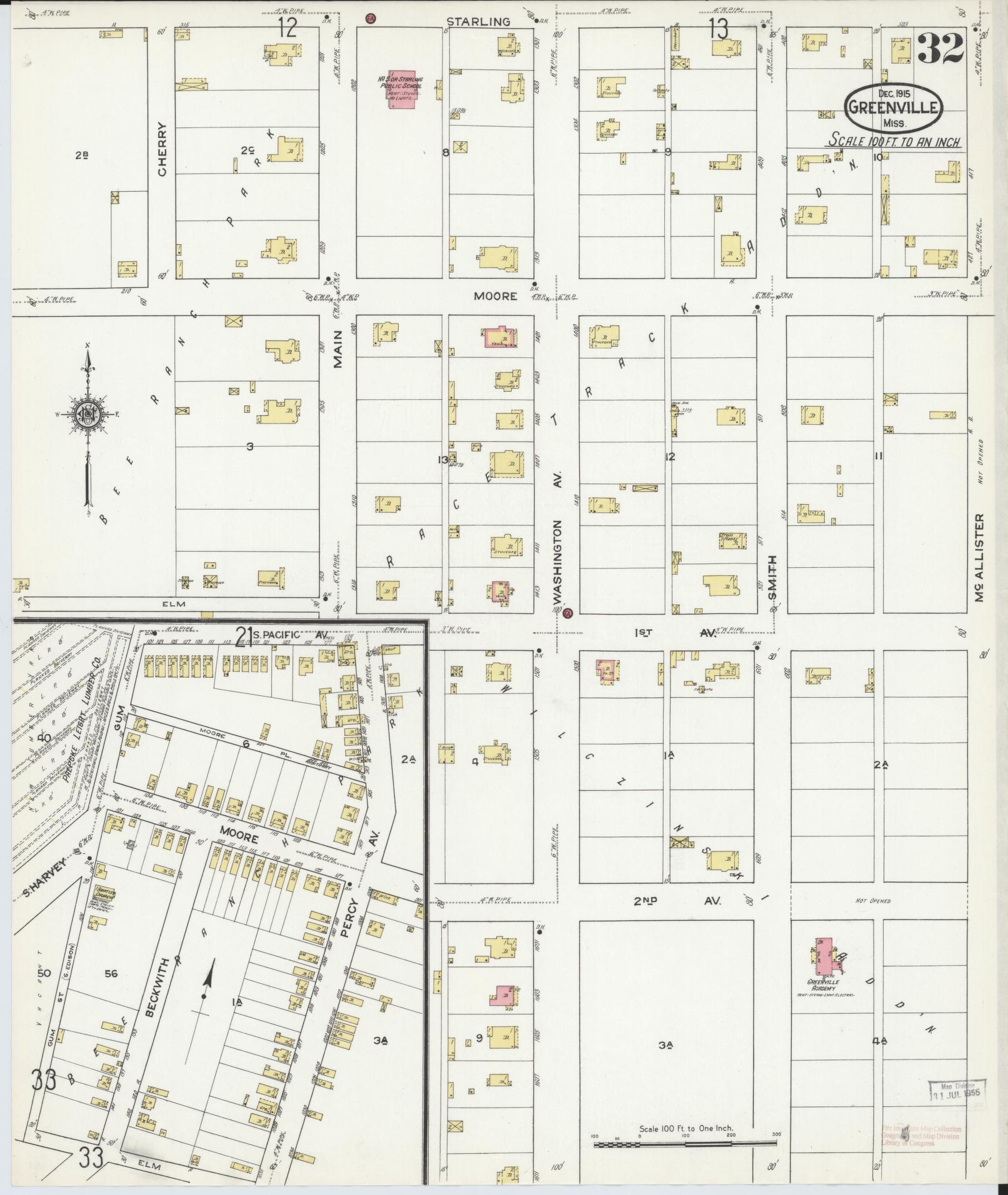 Sanborn Fire Insurance Map from Greenville, Washington County, Mississippi (1915), Sheet #0032 - Complete Map Set gallery image, historic Sanborn map, vintage wall art, Mississippi Mississippi