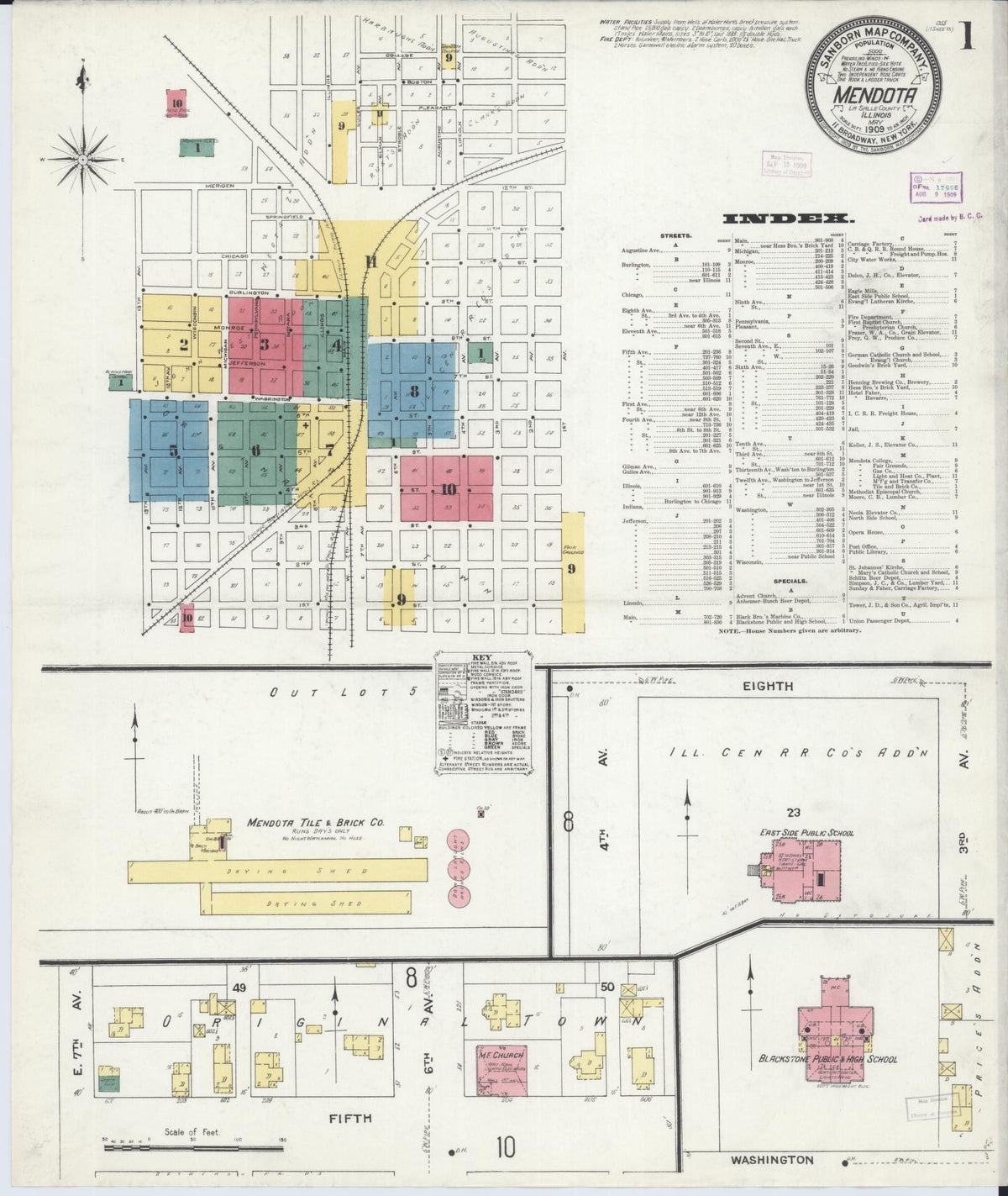 Sanborn Fire Insurance Map from Mendota, La Salle County, Illinois (1909), Sheet #0001 - Complete Map Set gallery image, historic Sanborn map, vintage wall art, Illinois Illinois