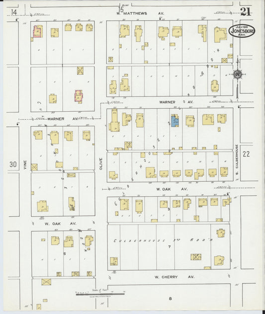 Sanborn Fire Insurance Map from Jonesboro, Craighead County, Arkansas (1919), Sheet #0021 - Historic Sanborn Fire Insurance Map Print, vintage old map wall art, antique decor, genealogy gift, Arkansas Arkansas map