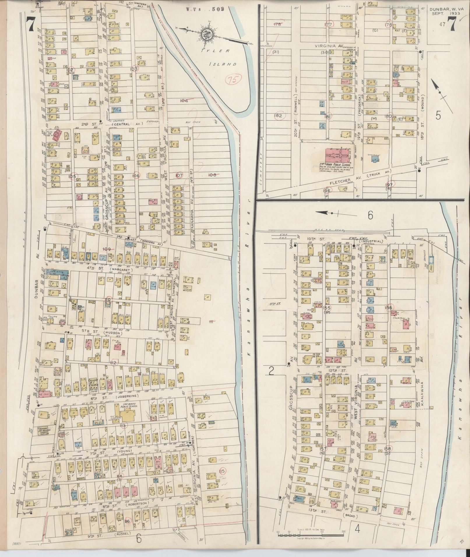 Sanborn Fire Insurance Map from Dunbar, Kanawha County, West Virginia (1950), Sheet #0007 - Complete Map Set gallery image, historic Sanborn map, vintage wall art, West Virginia West Virginia
