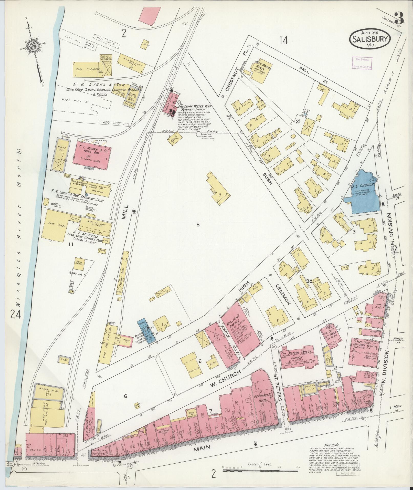 Sanborn Fire Insurance Map from Salisbury, Wicomico County, Maryland (1916), Sheet #0003 - Historic Sanborn Fire Insurance Map Print, vintage old map wall art