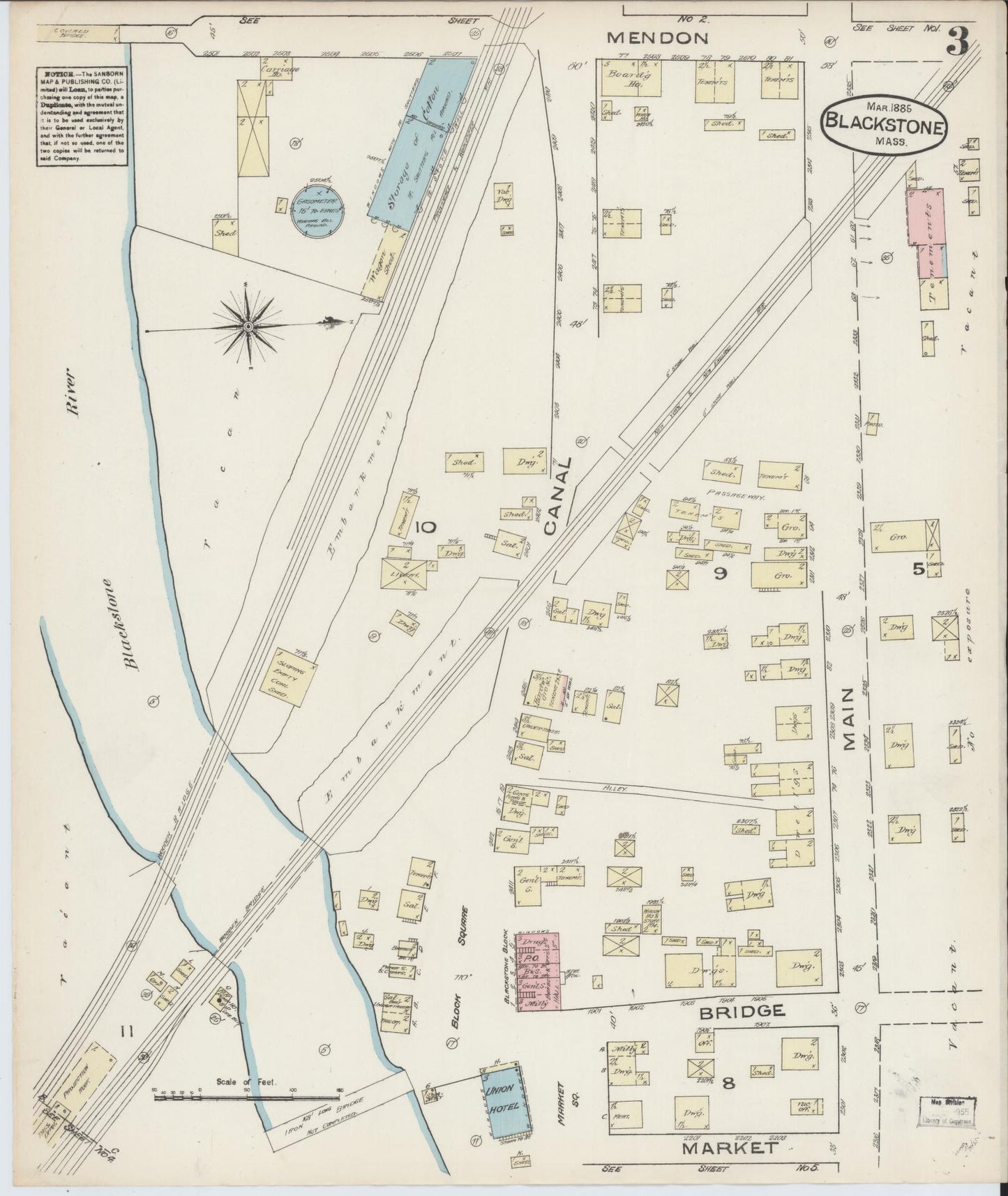 Sanborn Fire Insurance Map from Blackstone, Worcester County, Massachusetts (1885), Sheet #0003 - Complete Map Set gallery image, historic Sanborn map, vintage wall art, Massachusetts Massachusetts