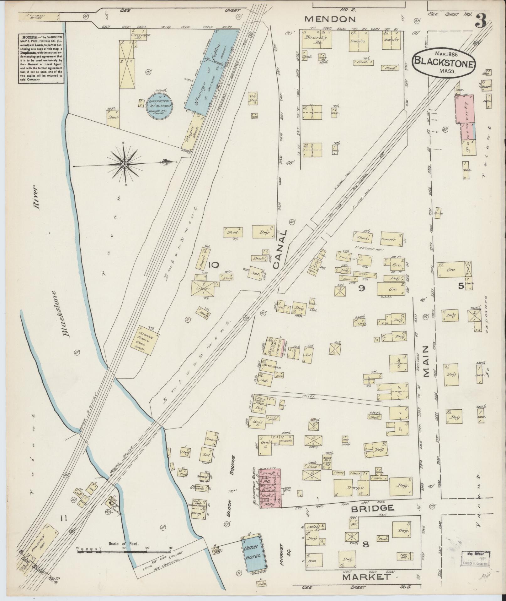 Sanborn Fire Insurance Map from Blackstone, Worcester County, Massachusetts (1885), Sheet #0003 - Complete Map Set gallery image, historic Sanborn map, vintage wall art, Massachusetts Massachusetts