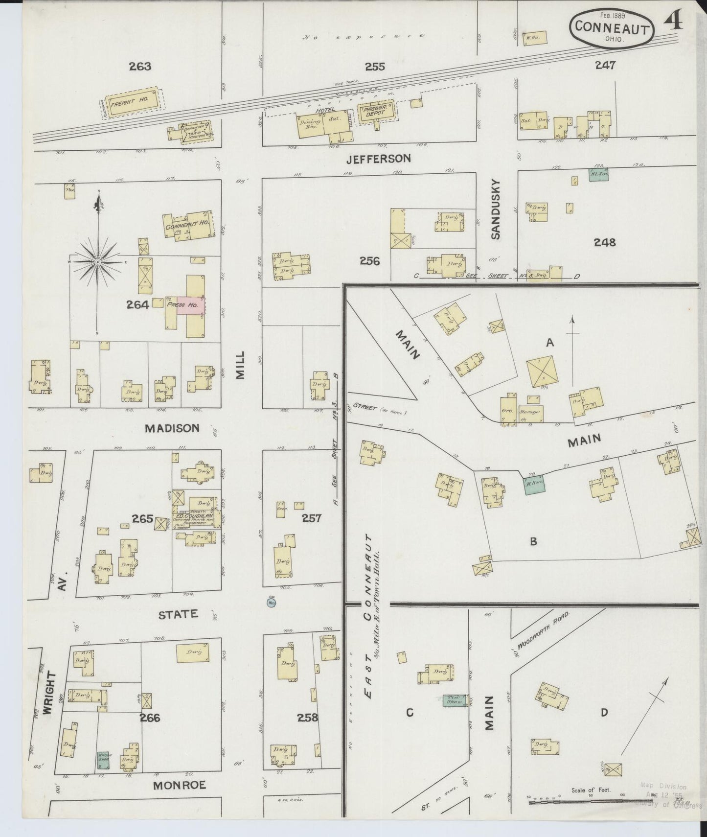 Sanborn Fire Insurance Map from Conneaut, Ashtabula County, Ohio (1889), Sheet #0004 - Historic Sanborn Fire Insurance Map Print, vintage old map wall art, antique decor, genealogy gift, Ohio Ohio map