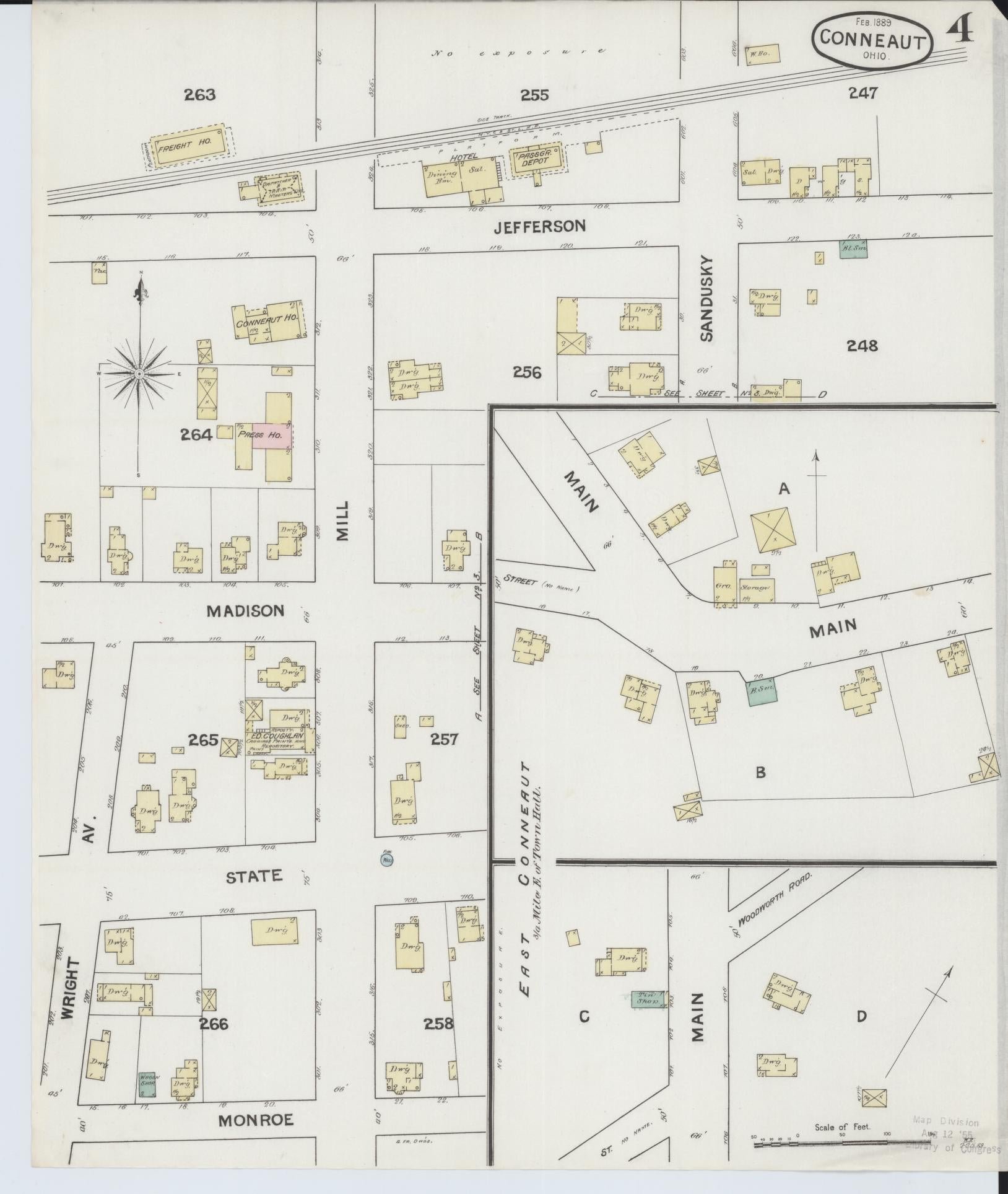 Sanborn Fire Insurance Map from Conneaut, Ashtabula County, Ohio (1889), Sheet #0004 - Historic Sanborn Fire Insurance Map Print, vintage old map wall art, antique decor, genealogy gift, Ohio Ohio map