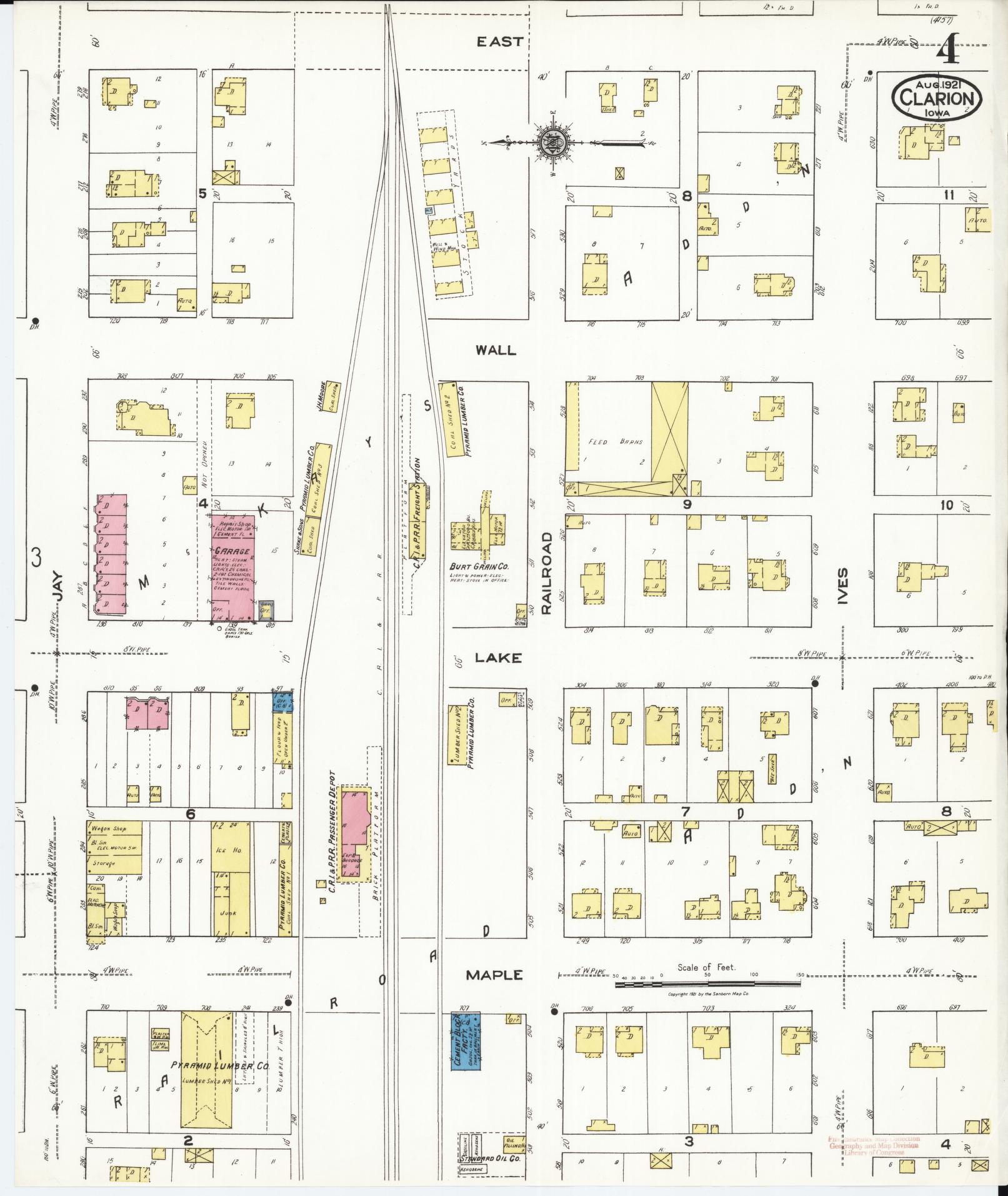 Sanborn Fire Insurance Map from Clarion, Wright County, Iowa (1921), Sheet #0004 - Historic Sanborn Fire Insurance Map Print, vintage old map wall art