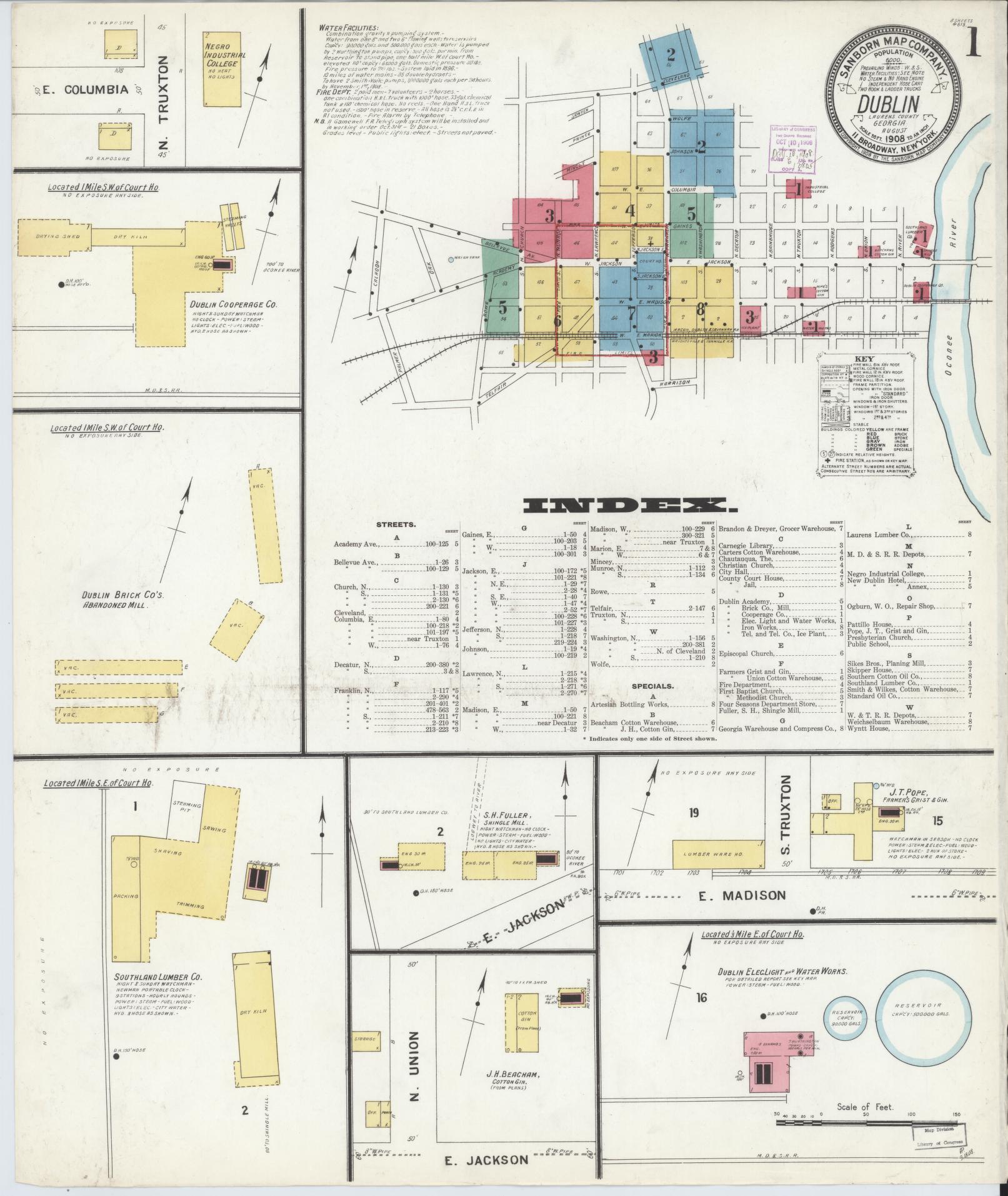 Sanborn Fire Insurance Map from Dublin, Laurens County, Georgia (1908), Sheet #0001 - Complete Map Set gallery image, historic Sanborn map, vintage wall art, Georgia Georgia