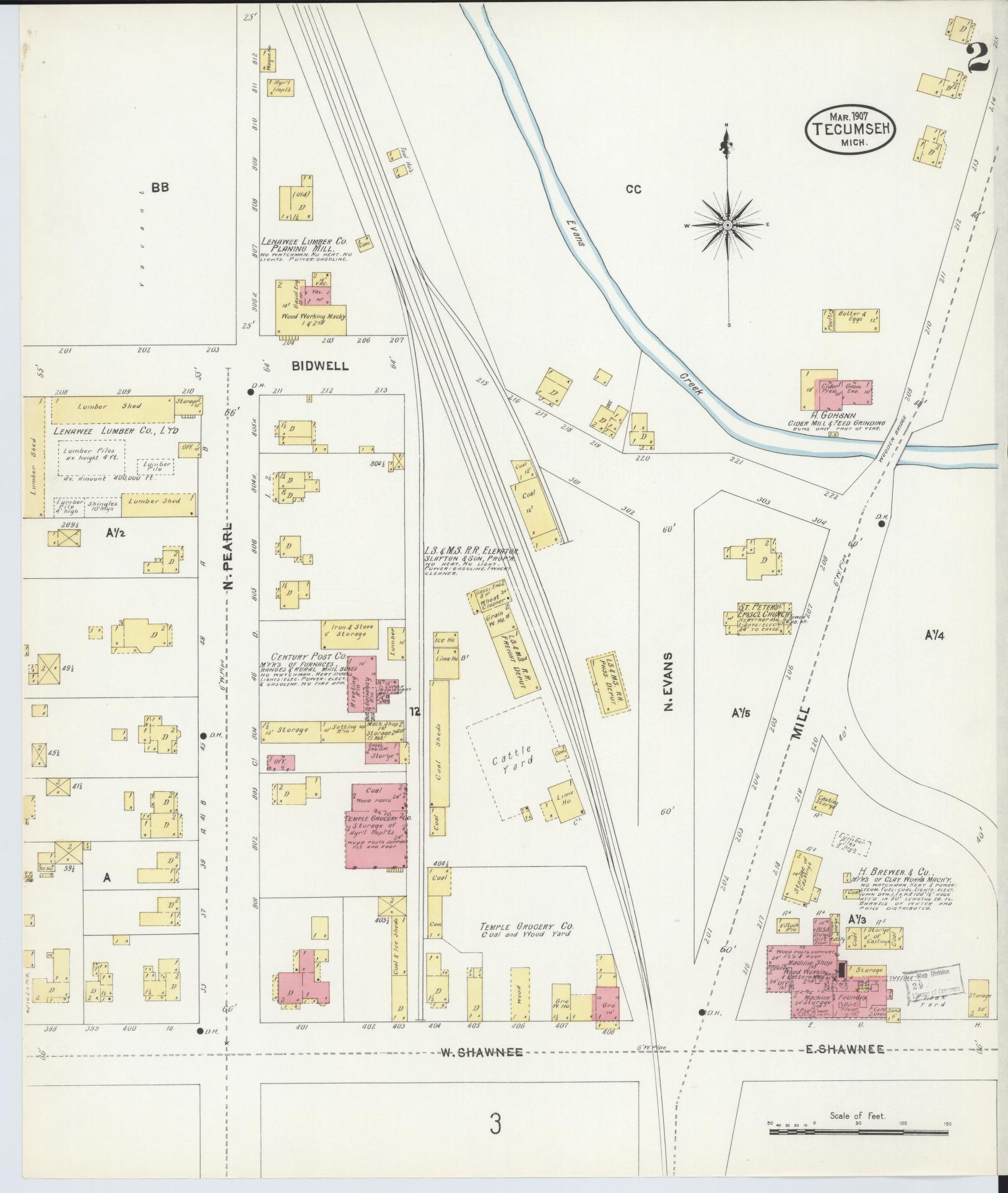 Sanborn Fire Insurance Map from Tecumseh, Lenawee County, Michigan (1907), Sheet #0002 - Complete Map Set gallery image, historic Sanborn map, vintage wall art, Michigan Michigan