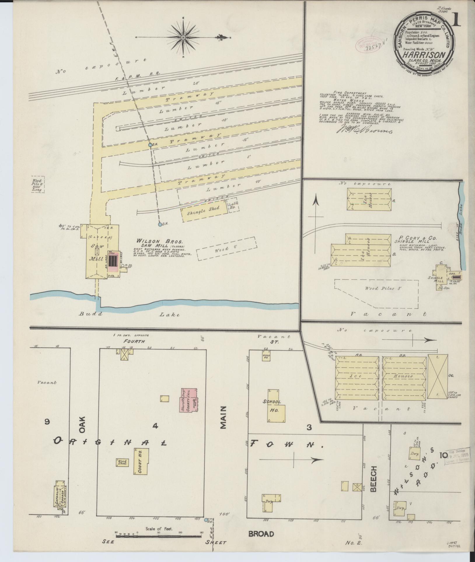 Sanborn Fire Insurance Map from Harrison, Clare County, Michigan (1890), Sheet #0001 - Complete Map Set gallery image, historic Sanborn map, vintage wall art, Michigan Michigan